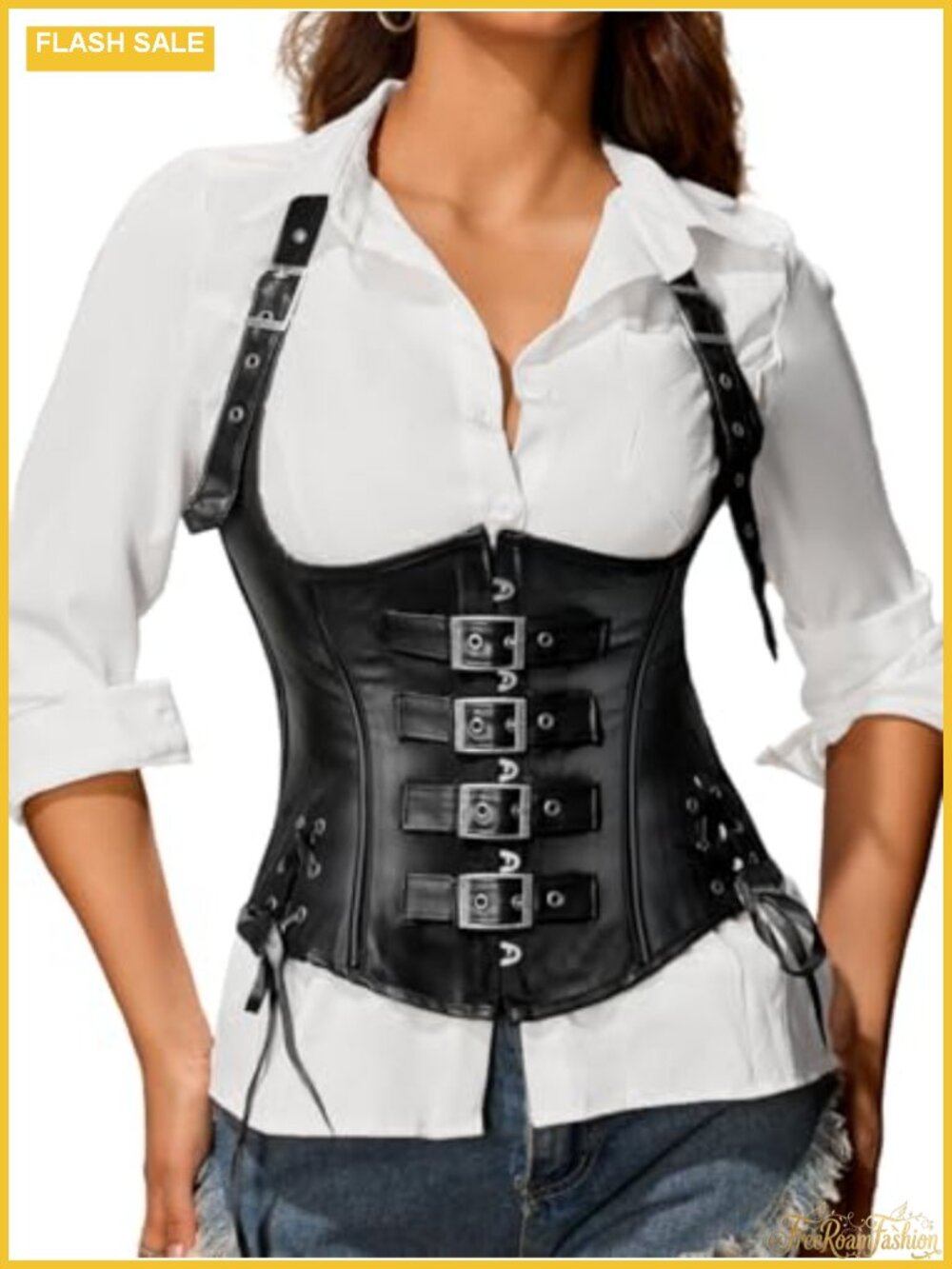 Halter Buckle Underbust Corset Faux Leather Lace-Up Waist Cincher Rave Club Top